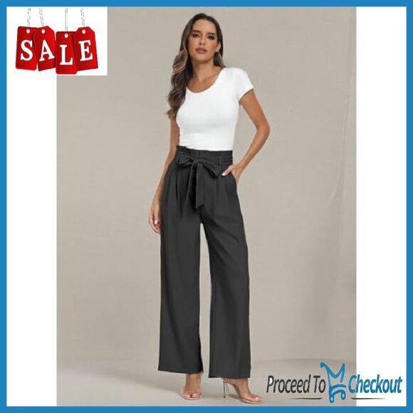 Wide Leg Paperbag Waist Dress Pants Women's Business Casual Trousers - Picture 8 of 8
